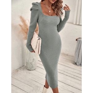 Square Neck Rib Knit Puff Sleeves Sweater Dress